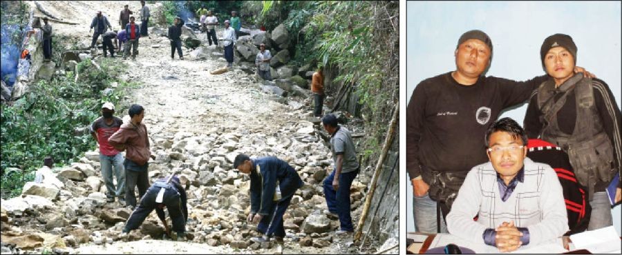 (LEFT) Villagers working on the People’s road in Tamenglong district, Manipur. (RIGHT) IAS officer Armstrong Pame with his guests from Nagaland, Peter Rutsa and Victor Dzuvichu