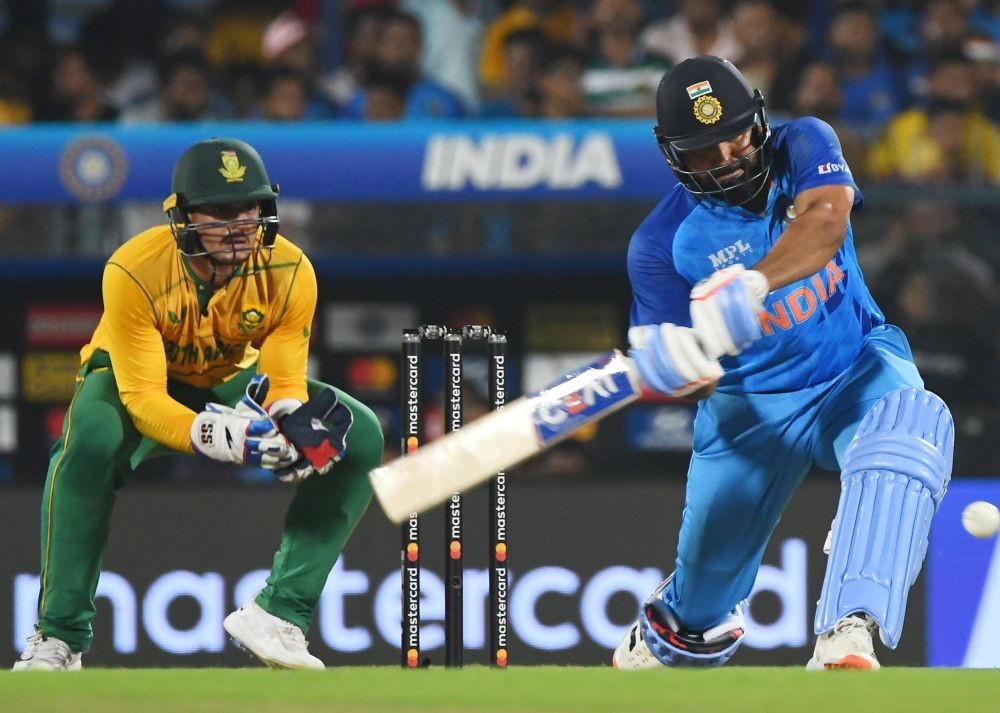 Guwahati : Indian captain Rohit Sharma plays a shot during the 2nd T20 cricket match between India and South Africa, at Barsapara Cricket Stadium In Guwahati on Sunday, October 2,2022. (Photo:IANSAnuwar Hazarika)