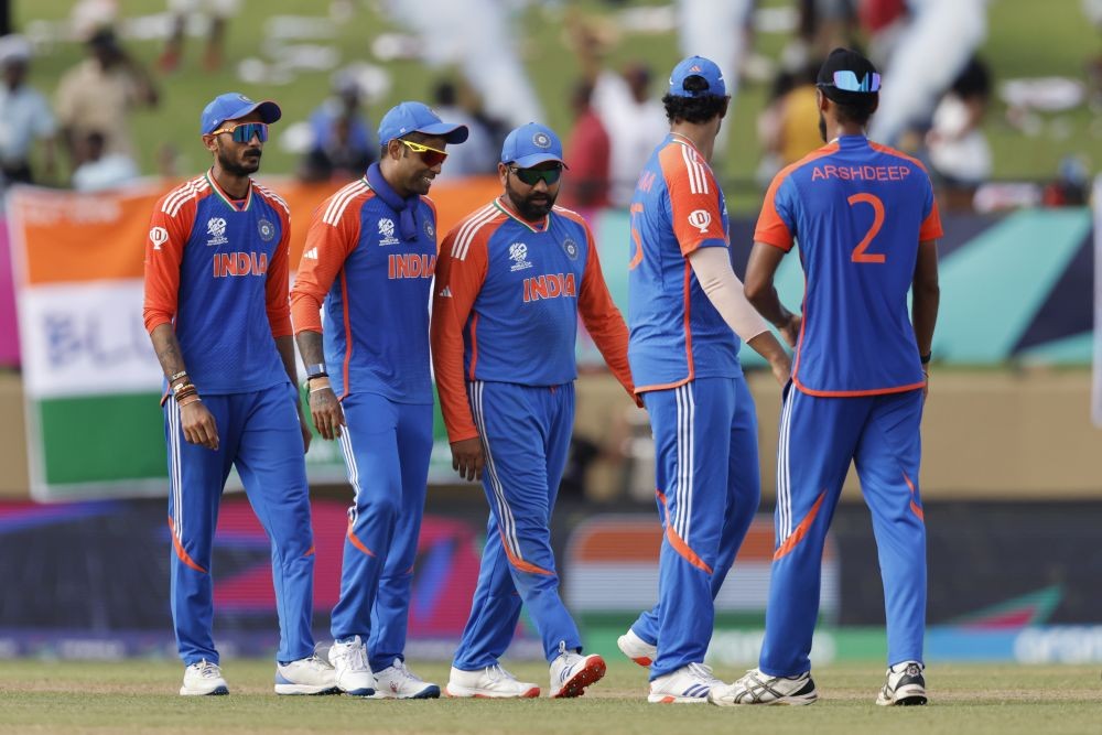 Guyana : Indian players celebeate their win against England in the ICC Men's T20 Cricket World Cup Semi-Final match at Providence Stadium in Guyana on Thursday, June 27, 2024. (Photo: IANS)