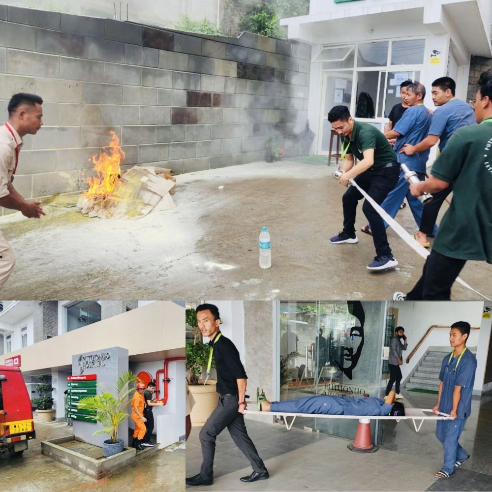 Hospital staff and Fire personnel suppress fire, and evacuate patients as part of the extensive table top exercise and mock drill carried out at Putuonuo Hospital, Kohima.