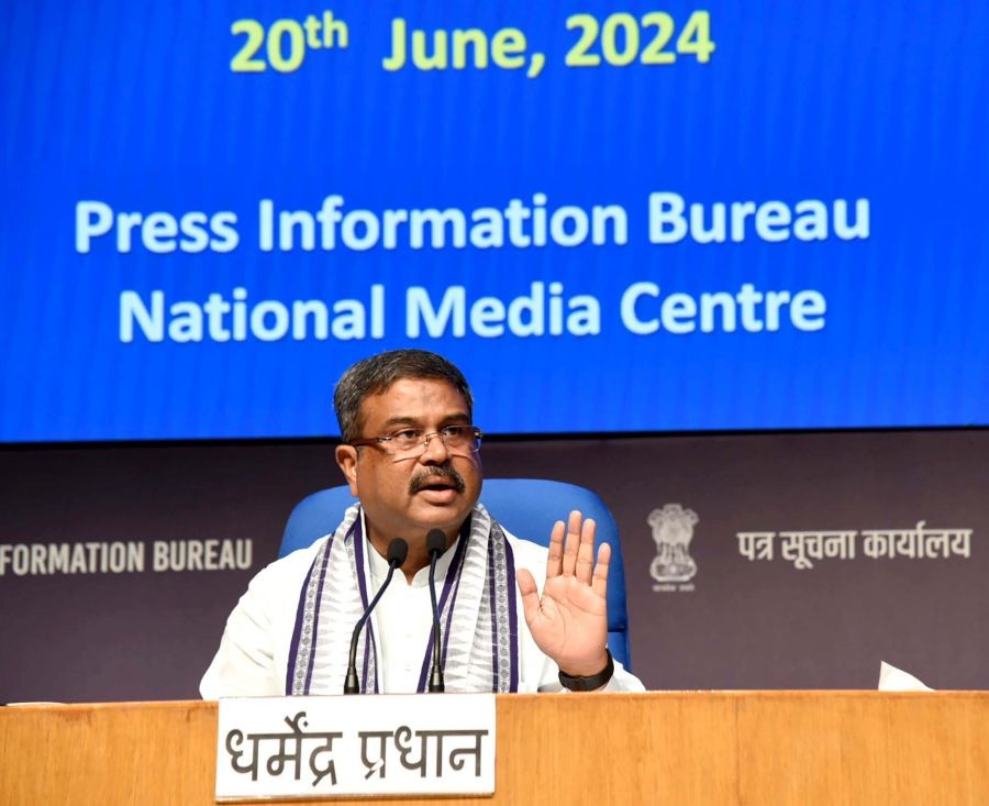 The Union Minister for Education, Shri Dharmendra Pradhan addressing a press conference on the NEET issue at National Media Centre, in New Delhi on June 20, 2024.