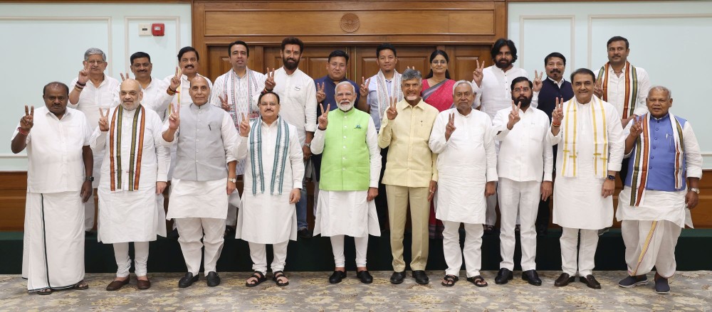 New Delhi: Prime Minister Narendra Modi with TDP chief Chandrababu Naidu, Bihar Chief Minister Nitish Kumar, Jana Sena Party chief Pawan Kalyan, Apna Dal (Sonelal) leader Anupriya Patel and other NDA leader after NDA meeting at 7, LKM, in New Delhi, Wednesday, June 05, 2024.(IANS)