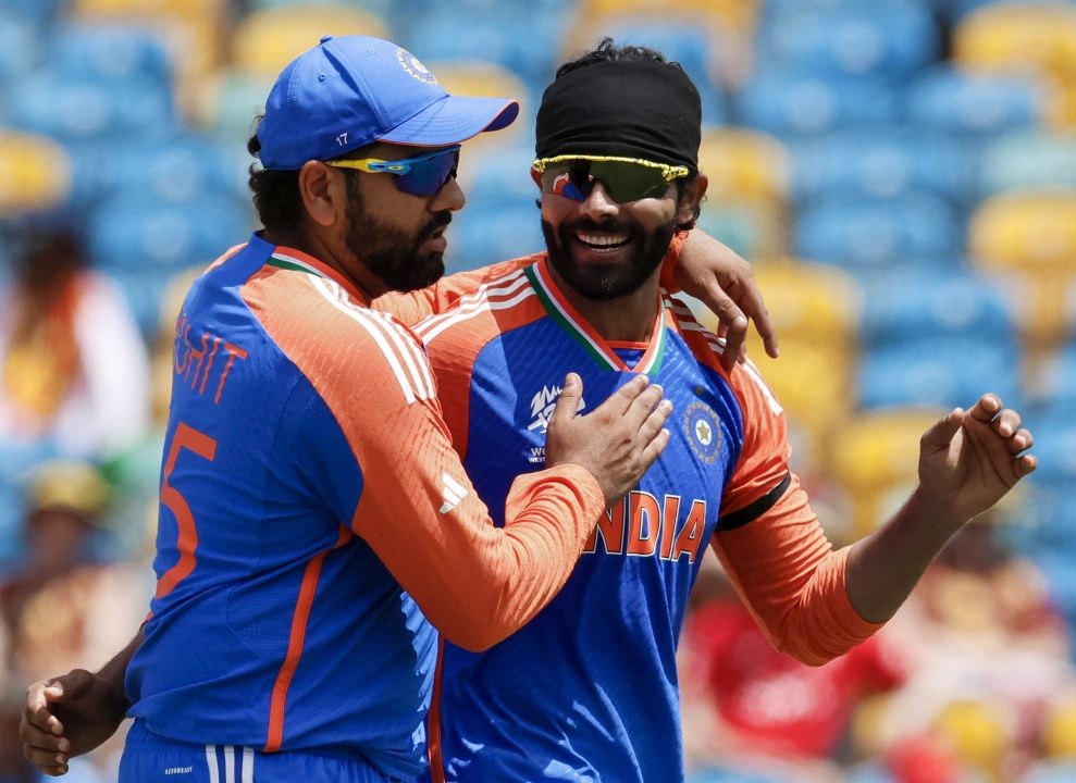 Barbados : India's Ravindra Jadeja celebrates the dismissal of Afghanistan's Azmatullah Omarzai during the ICC Men's T20 World Cup cricket match between India and Afghanistan at Kensington Oval in Bridgetown, Barbados, on Thursday, June 20, 2024. (Photo: IANS)