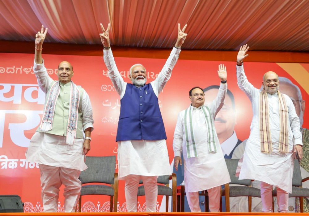 New Delhi: Prime Minister Narendra Modi with BJP National President JP Nadda, Home Minister Amit Shah, Defence Minister Rajnath Singh during a meeting at the party headquarters as the party leads in the Lok Sabha elections , in New Delhi, Tuesday, June 4, 2024.(IANS)