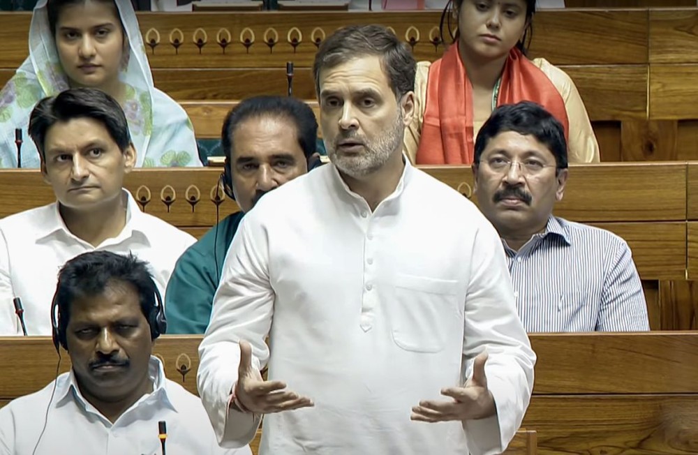 New Delhi: Leader of the Opposition Rahul Gandhi speaks in the 18th Lok Sabha during the first session at Parliament House in New Delhi on Wednesday, June 26, 2024. (Photo: IANS/Sansad TV)