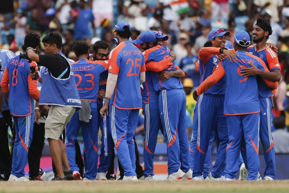 Barbados : Indian players celebrate after winning the ICC Men's T20 Cricket World Cup Final match against South Africa at Kensington Oval in Barbados on Saturday, June 29, 2024. (Photo: IANS)