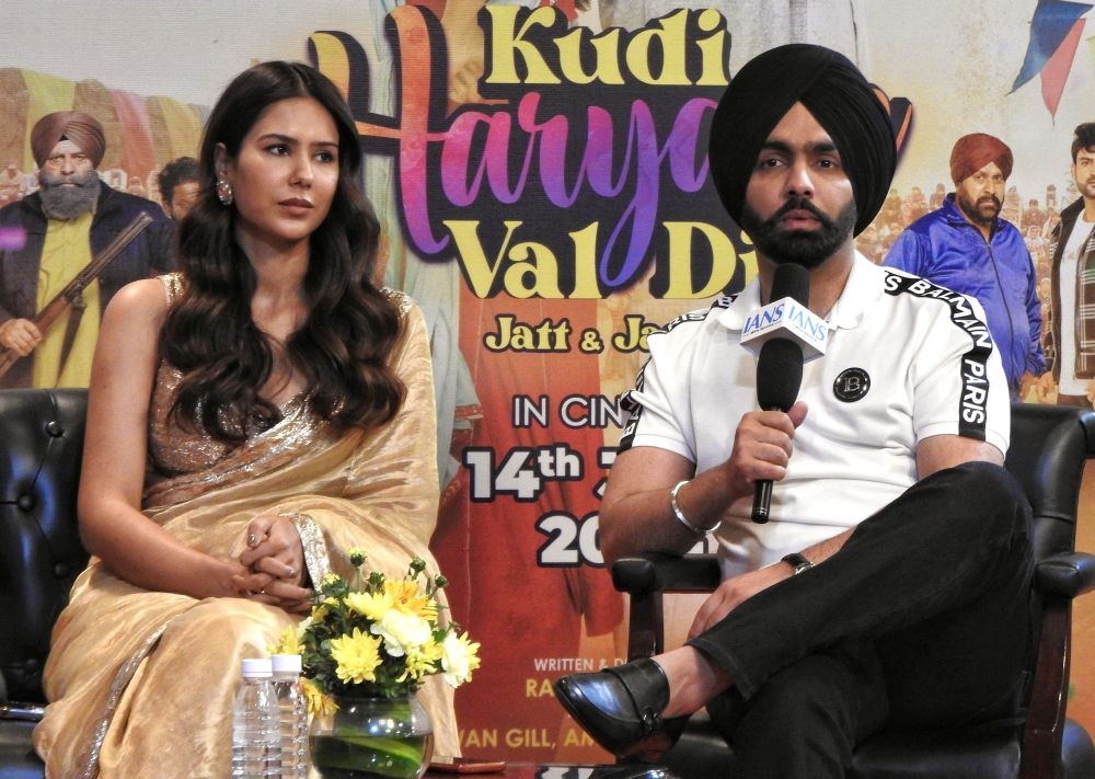 New Delhi: Indian singer and actor Ammy Virk and actress Sonam Bajwa at an promotional event of their film 'Kudi Haryane Val Di', in New Delhi,Tuesday, June 11, 2024.(IANS/Anupam Gautam)