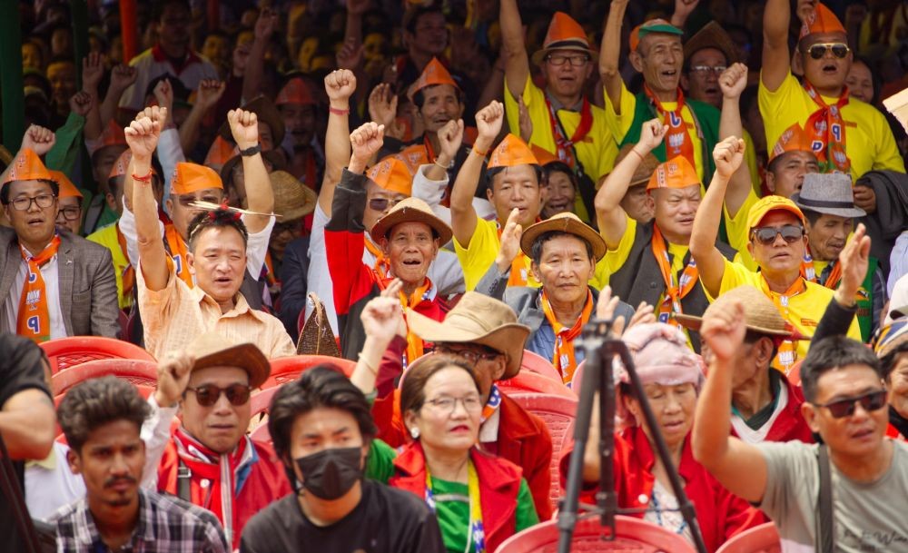 Daporijo: BJP supporters during Arunachal Pradesh, Chief Minister Pema Khandu's election rally in support of BJP candidate Kiran Rijiju for upcoming Loksabha election at Daporijo, Arunachal Pradesh,Saturday, April 6, 2024.(IANS)