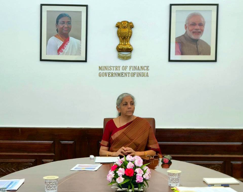 New Delhi: Union Finance Minister Nirmala Sitharaman chairs a review meeting on the implementation of various Union Budget announcements with Secretary, Department of Economic Affairs,  and senior officials of the Ministry of Finance, in New Delhi, on Tuesday, July 04, 2023.(IANS/Twitter @FinMinIndia)