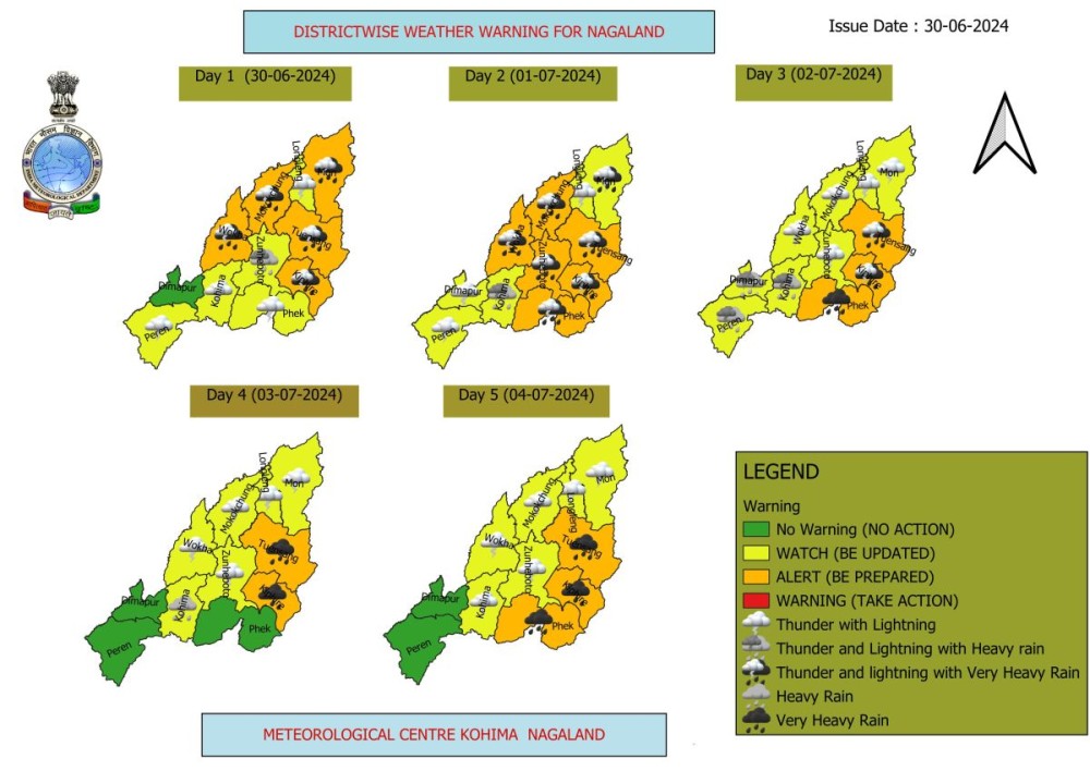 District-wise weather warning for Nagaland from June 30 to July 4 issued provided by the IMD’s Met Centre Kohima on June 30. (Image Courtesy: @mckohima/X)