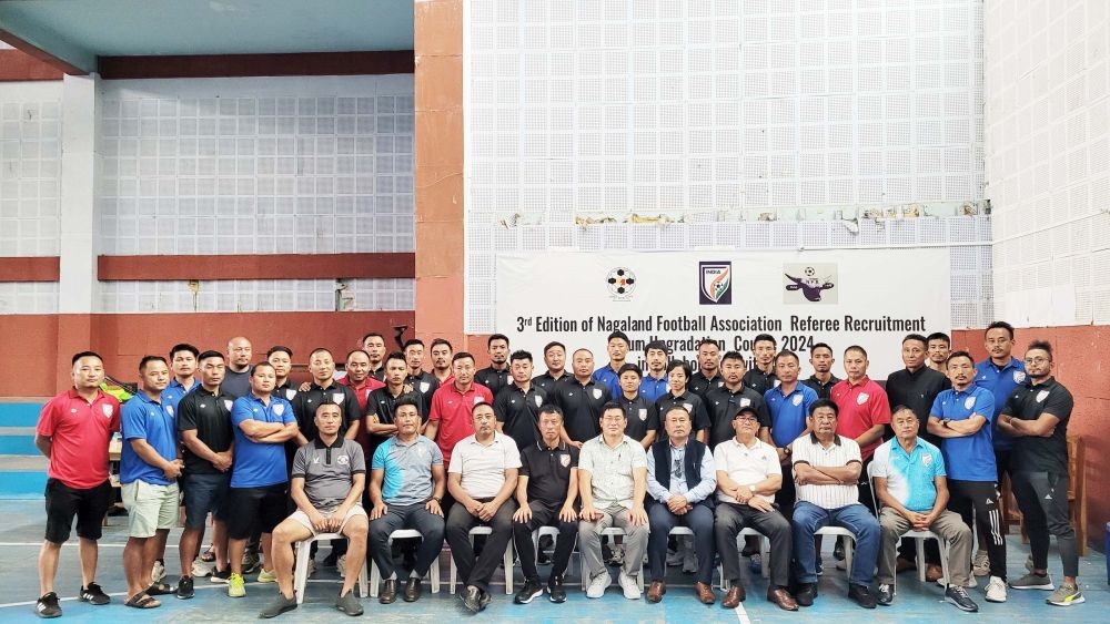 Mhasimhalie Matthew Yhome and other officials with participants of 3rd edition of NFA Referee Recruitment cum Upgradation Course 2024 in Kohima on June 23. (Morung Photo)