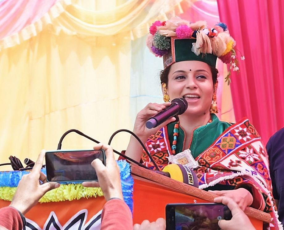 Kinnaur: Actor and BJP candidate Kangana Ranaut speaks during an election campaign ahead of Lok Sabha Elections, in Kinnaur, Sunday, April 28, 2024.(IANS)