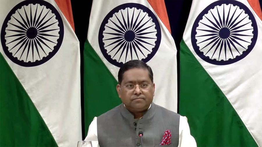 Official Spokesperson, Ministry of External Affairs Randhir Jaiswal briefs media, in New Delhi,Friday, April 12, 2024.(IANS/Video Grab)