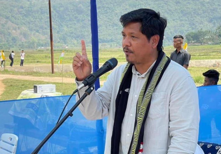 East Garo Hills : Meghalaya Chief Minister Conrad K Sangma addresses an election rally in support of party candidate Agatha Sangma at Mangsang in East Garo Hills on Tuesday, April 9, 2024. (Photo: IANS/@SangmaConrad)