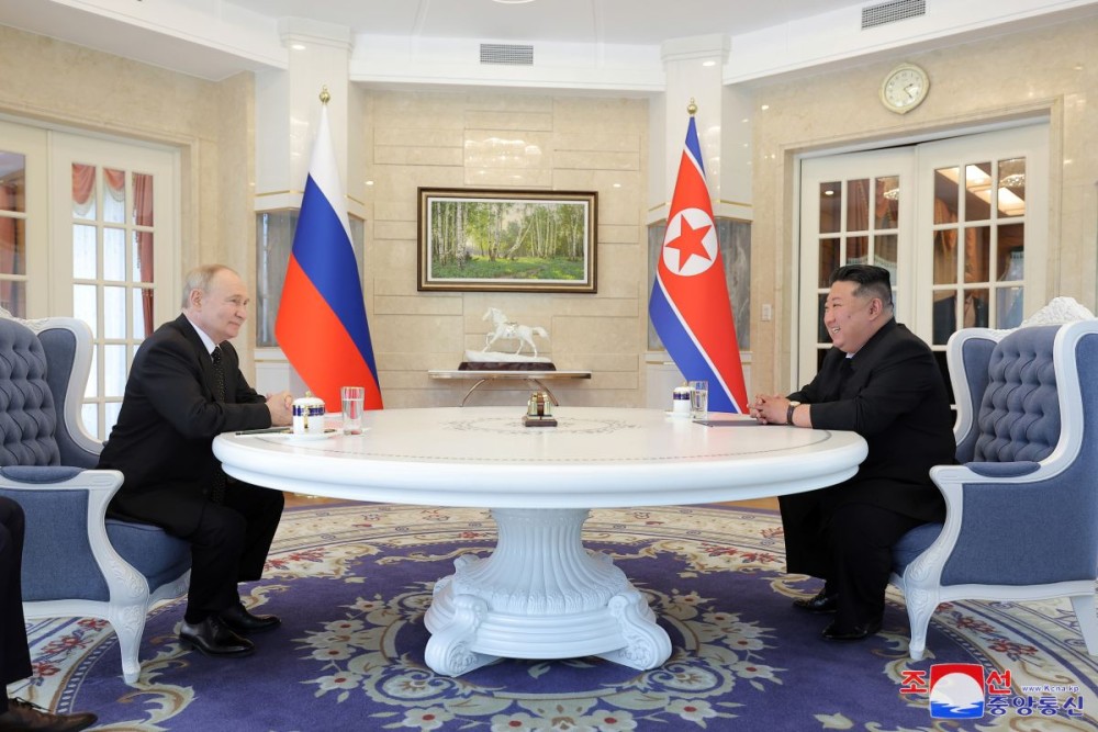 North Korean leader Kim Jong-un and Russian President Vladimir Putin hold talks at Kumsusan State Guest House in Pyongyang on June 19, 2024, in this photo provided by the North's official Korean Central News Agency the following day.(IANS/Yonhap)