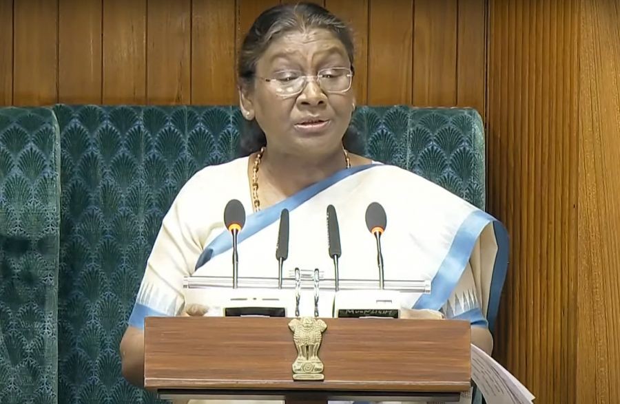 President Droupadi Murmu addresses the joint session of both Houses at Parliament during the first session of 18th Lok Sabha, in New Delhi on Thursday, June 27 , 2024. (Photo: IANS/Sansad TV)
