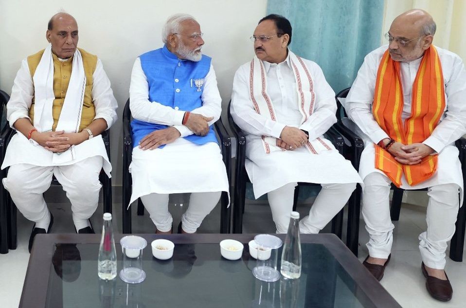 Varanasi: Prime Minister Narendra Modi with NDA leaders including Union Ministers Rajnath Singh, Amit Shah, BJP national president JP Nadda and others vefore filing his nomination papaers in Varanasi, Uttar Pradesh,Tuesday, May 14, 2024.(IANS)