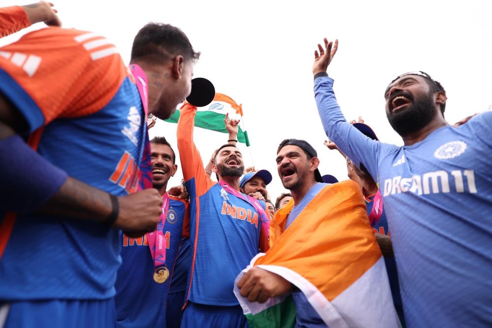 Barbados: Indian players jubilate as they celebrate their team's victory in the ICC Men's T20 Cricket World Cup Final match against South Africa at Kensington Oval in Barbados on Saturday, June 29, 2024. (Photo: IANS/@ICC)