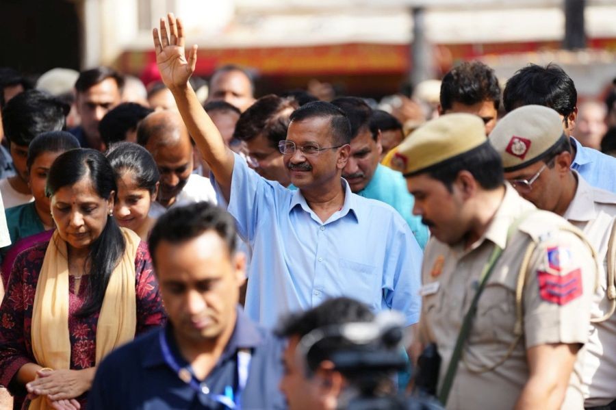Delhi CM and AAP national convener Arvind Kejriwal during a party workers meeting ahead of his surrender at the Tihar Jail, in New Delhi,Sunday, June 02, 2024.(IANS/Wasim Sarvar)
