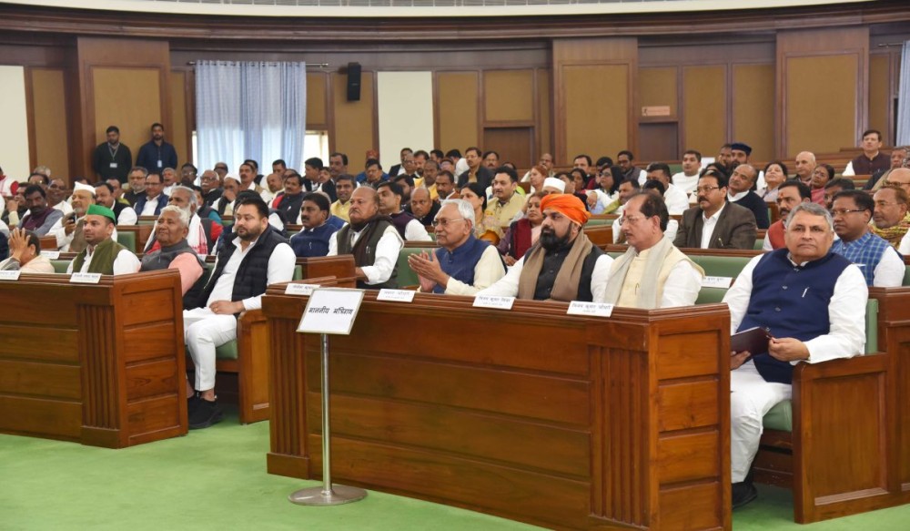 Patna: Bihar Chief Minister Nitish Kumar with Deputy Chief Ministers Samrat Choudhary and Vijay Kumar Sinha and others during the first day of Budget session of State Assembly, in Patna, Monday, Feb. 12, 2024.(IANS)