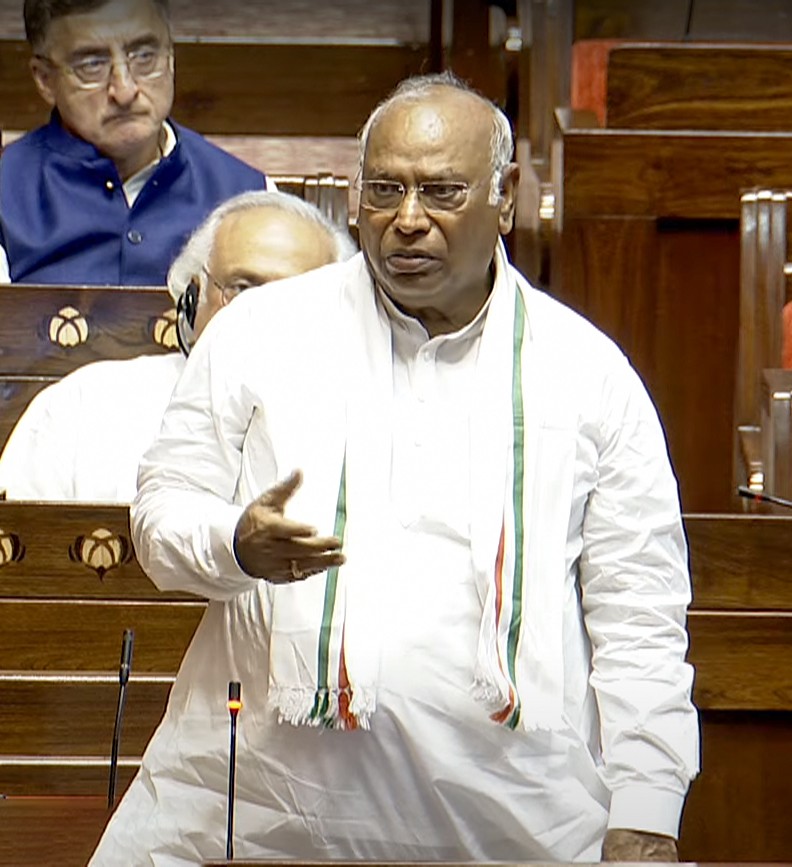 Congress President Mallikarjun Kharge speaks in the Rajya Sabha during the monsoon session of Parliament in New Delhi on Wednesday July 24 2024. (Photo: IANS/Sansad TV)