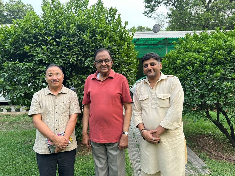 Nagaland Lok Sabha MP S Supongmeren Jamir with Rajya Sabha MP P Chidambaram at his official residence in Delhi on July 1.