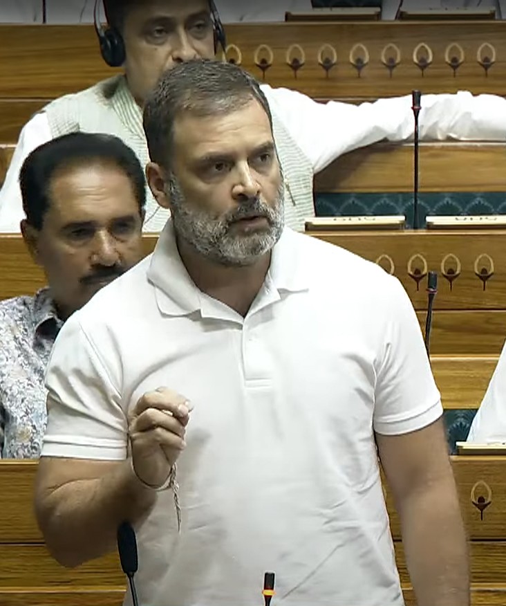 Leader of the opposition Rahul Gandhi speaks in Lok Sabha during the Budget Session of Parliament in New Delhi on Monday, July 22, 2024. (Photo: IANS/Sansad TV)