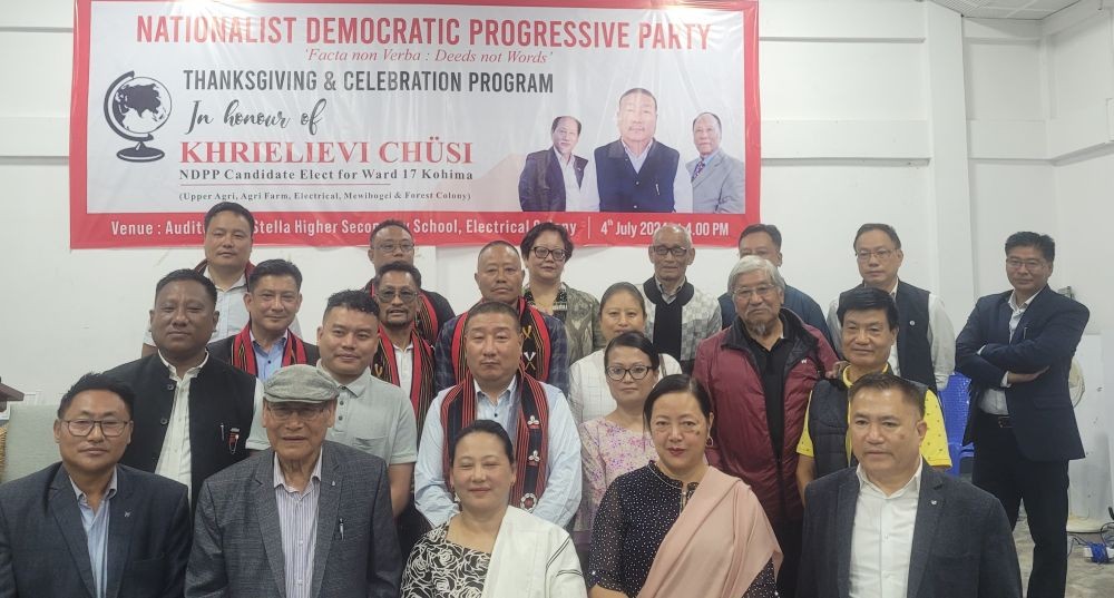 Khrielievi Chiisi with minister Salhoutuonuo Kruse and others during thanksgiving programme in Kohima on July 4. Morung Photo