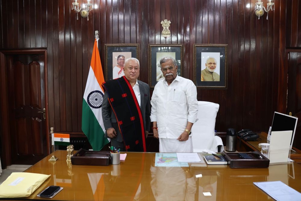 State Election Commissioner, T John Longkumer, IPS (Retd) called on the Governor of Nagaland, La Ganesan, at Raj Bhavan, Kohima on July 5. The SEC appraised the Governor on the recently concluded Urban Local Bodies Election. (Photo Courtesy: PRO, Raj Bhavan)