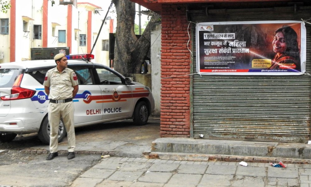 New Delhi: A poster about the new criminal laws Bharatiya Nyaya Sanhita, Bharatiya Nagarik Suraksha Sanhita and the Bharatiya Sakshya Adhiniyam have been put up outside Tilak Marg Police Station to raise public awareness, in New Delhi, Monday, July 1, 2024.(IANS/Anupam Gautam)
