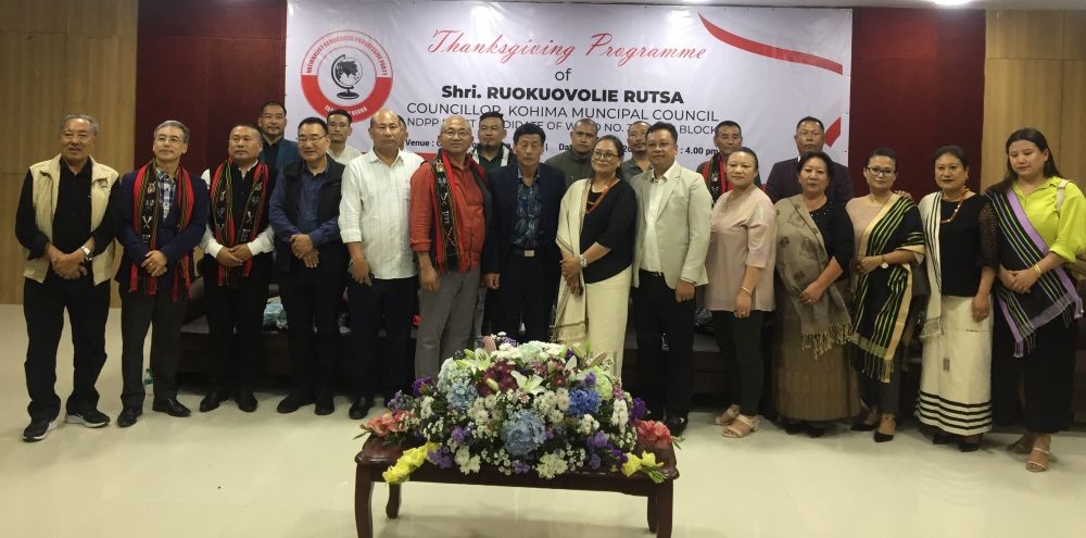 Ruokuovolie Rutsa with others during thanksgiving programme in Kohima. (Morung Photo)