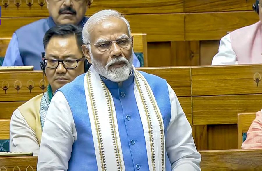 Prime Minister Narendra Modi speaks during the ongoing session of the 18th Lok Sabha at Parliament House in New Delhi on Tuesday, July 02, 2024. (Photo: IANS/Sansad TV)