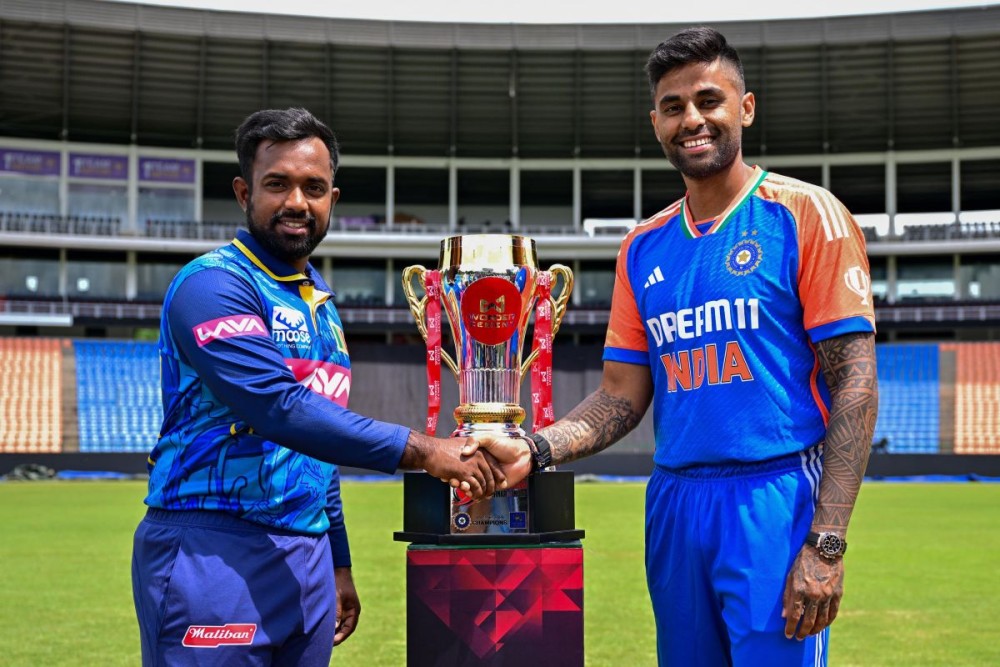 Kandy : Sri Lanka's captain Charith Asalanka and India's captain Suryakumar Yadav pose with the winner's trophy ahead of the start of the 3-match T20 series, at the Pallekele International Cricket Stadium in Kandy on Friday, July 26, 2024. (Photo: IANS/@ICC)