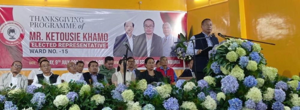 Advisor Kudecho Khamo speaking at the thanksgiving programme of Ketousie Khamo held in Kohima on July 9. (Morung Photo)