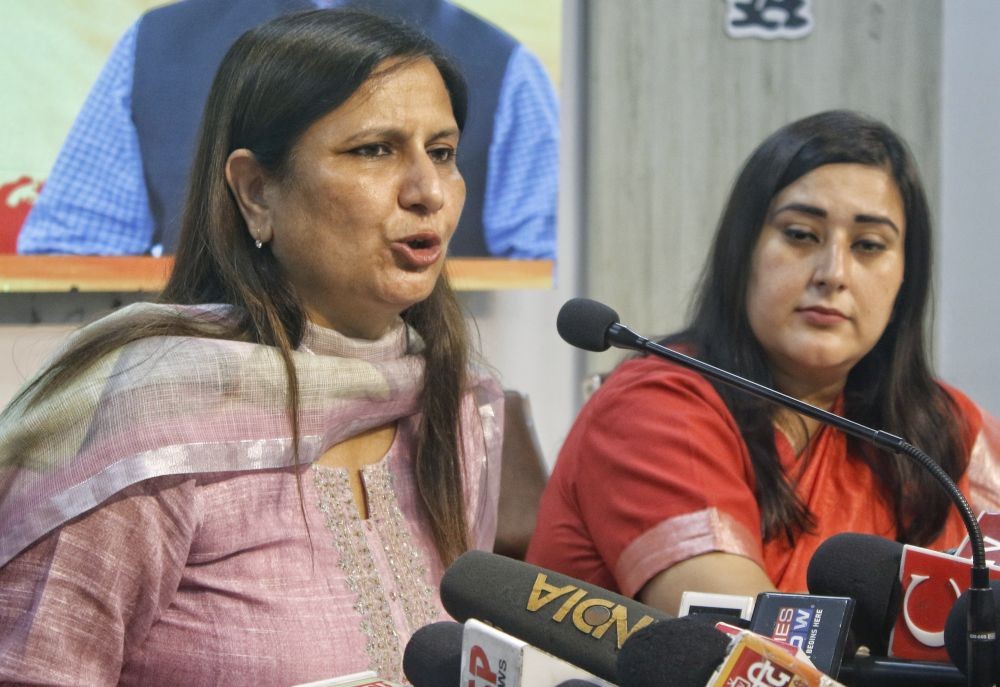 New Delhi: BJP MPs Kamaljeet Sehrawat and Bansuri Swaraj address a press conference at the BJP Delhi office in New Delhi on Tuesday, July 2, 2024.(IANS/Wasim Sarvar)