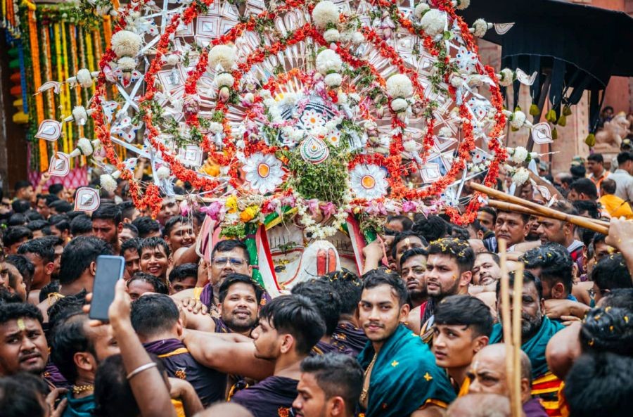Devotees take part in a religious procession on the occassion of the Lord Jagannath Rath Yatra Festival celebrations at Jagannath Temple, in Puri on Sunday, July 07, 2024. (Photo: IANS/@JagannathaDhaam)