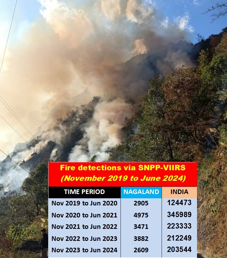 Forest fire detections by the Forest Survey of India in Nagaland and across India during the last five fire seasons (November 2019 to June 2024) as per data provided by the Union Ministry of Environment, Forest and Climate Change on July 25 in Rajya Sabha.