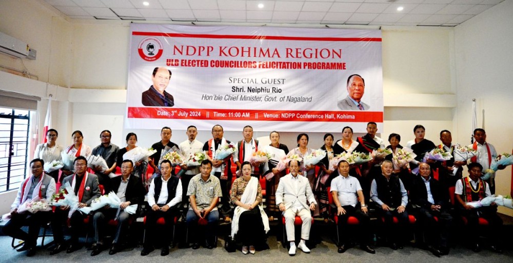 ULB elected councillors from KMC and CTC with Chief Minister Neiphiu Rio and others during felicitation programme in Kohima on July 3. (Morung Photo)