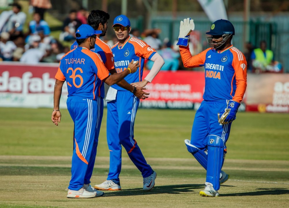 Harare: Players of India celebrate a dismissal during the fifth T20 cricket match between India and Zimbabwe at Harare Sports Club, in Harare on Sunday, July 14, 2024. (Photo: IANS/@BCCI)
