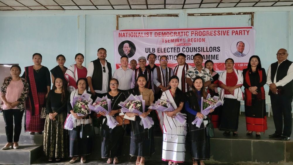 The five women elected councilors with former Minister R. Khing and others during the felicitation programme organized by the NDPP at Tseminyu on July 10. (Morung Photo)