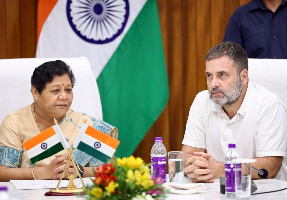 Imphal: Lok Sabha LoP (Leader of Opposition) and Congress MP Rahul Gandhi with Manipur Governor Anusuiya Uikey during a meeting at Raj Bhavan in Imphal, Monday, July 08, 2024.(IANS)