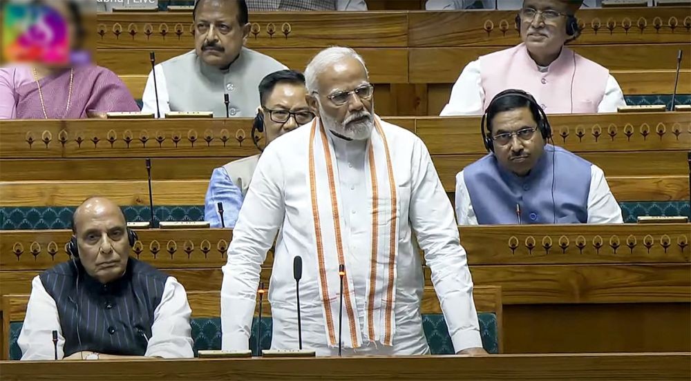 New Delhi : Prime Minister Narendra Modi speaks during the ongoing session of the 18th Lok Sabha at Parliament House in New Delhi on Monday, July 01, 2024. (Photo: IANS/Sansad TV)