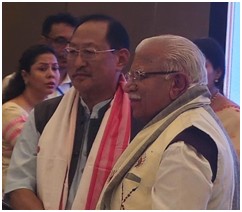 Advisor for Department of Urban Development & Municipal Affairs, Zhaleo Rio with Union Minister for Ministry of Housing & Urban Affairs Manohar Lal at Guwahati on July 9.