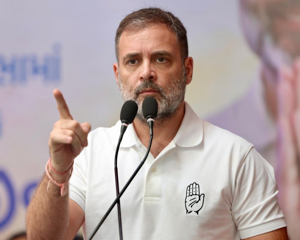 Ahmedabad: Congress leader Rahul Gandhi addresses party workers during a convention at the Gujarat Pradesh Congress Office in Ahmedabad on Saturday, July 6, 2024. (Photo: IANS/@INCIndia)
