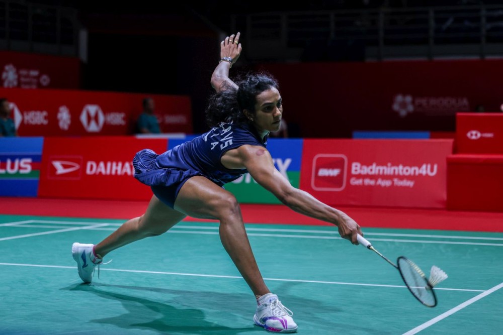 PV Sindhu in action at the Round of 16 match of the Malaysia Masters 2024. Mandatory Credit_ Badminton Photo
