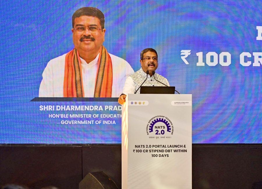 Union Minister for Education, Dharmendra Pradhan at the launch of the National Apprenticeship Training Scheme (NATS) 2.0 Portal, in New Delhi on July 30, 2024.(IANS/PIB)