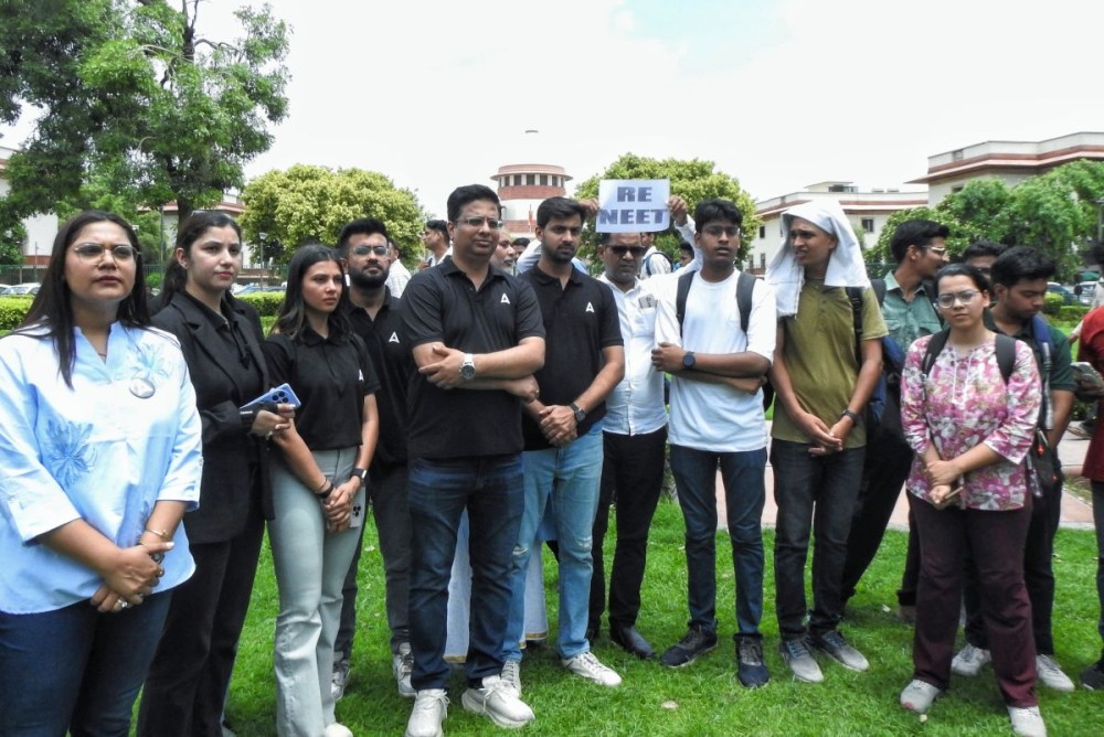 New Delhi: Students gather at the Supreme Court during the hearing on the alleged NEET UG exam leak on Monday, July 8, 2024.(IANS/Anupam Gautam)