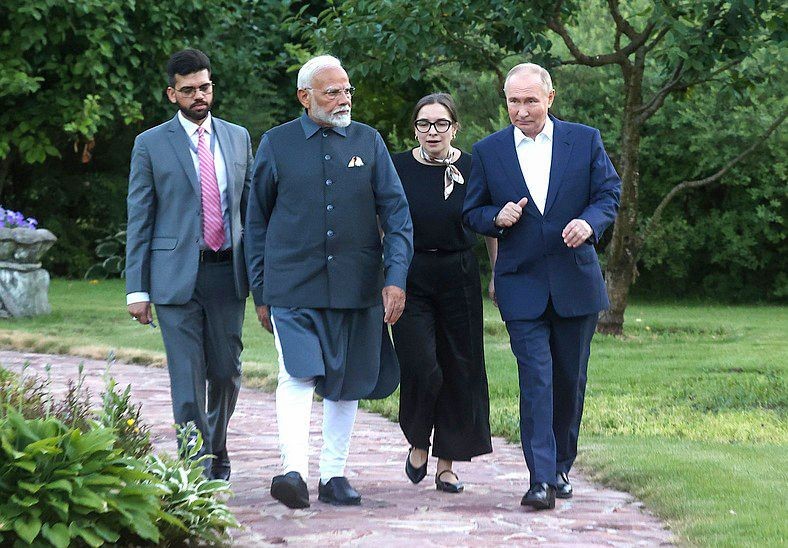 Moscow : Prime Minister Narendra Modi with Russian President Vladimir Putin during an informal meeting at Novo-Ogaryovo residence, in Moscow, Russia, Monday, July 8, 2024. (Photo: IANS/Kremlin)