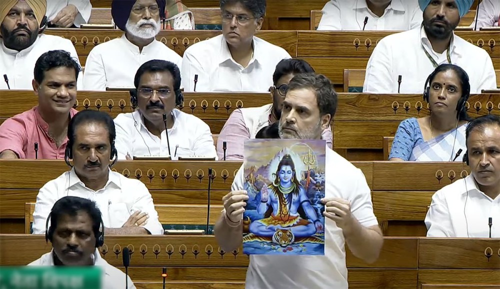 New Delhi : Leader of Opposition Rahul Gandhi speaks during the ongoing session of the 18th Lok Sabha at Parliament House in New Delhi on Monday, July 01, 2024. (Photo: IANS/Sansad TV)