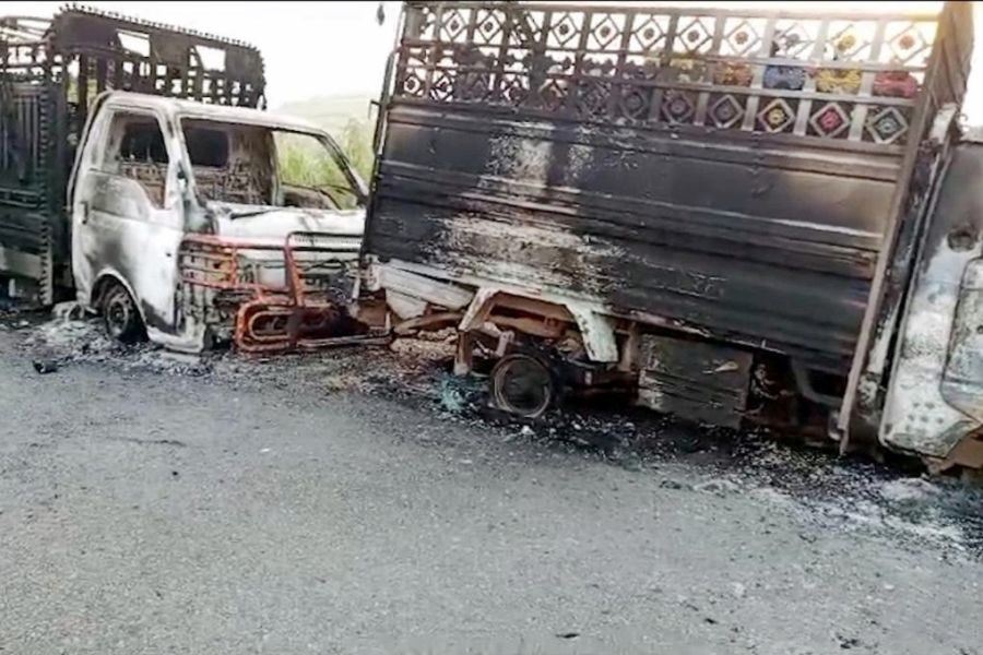 A burnt vehicle at a militant attack site in Musa Khel district of Pakistan's southwest Balochistan province, Aug. 26, 2024. Militants in Pakistan's southwest Balochistan province killed 23 passengers after blocking a highway for several hours, officials said.(IANS/Xinhua)